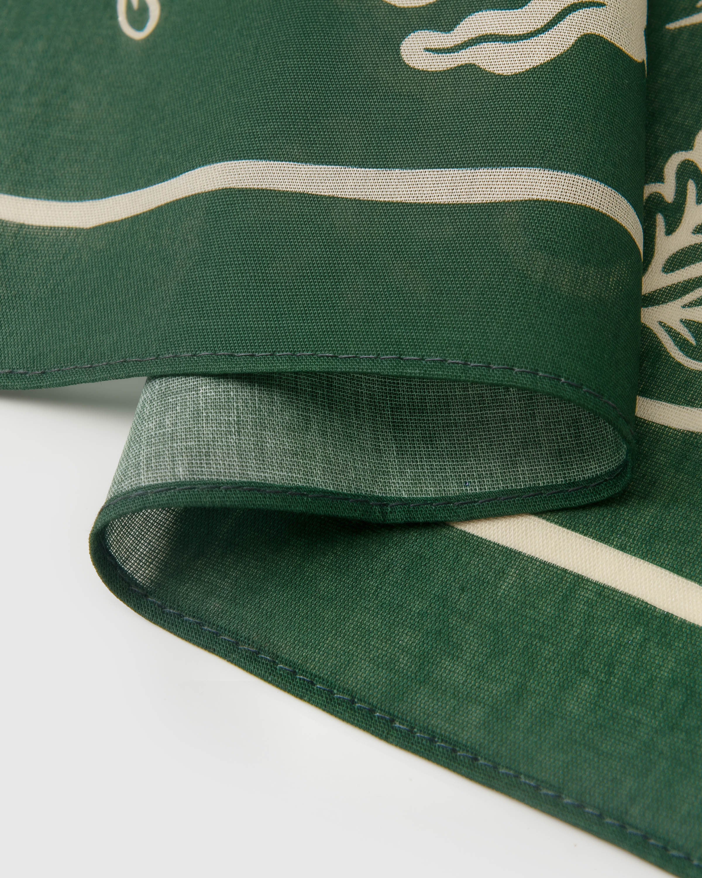 STICKYZOO forest herbarium silk scarf edge showing the ivory border line on pure silk