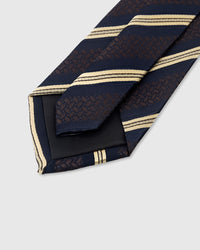 STICKYZOO Navy Brocade Stripe Tie back detail showing structured interlining and hand-finished slip stitching, 145 × 8 cm