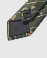 Hand-finished interior STICKYZOO Heritage Teddy Stripe Tie back view showing structured interlining on olive green silk