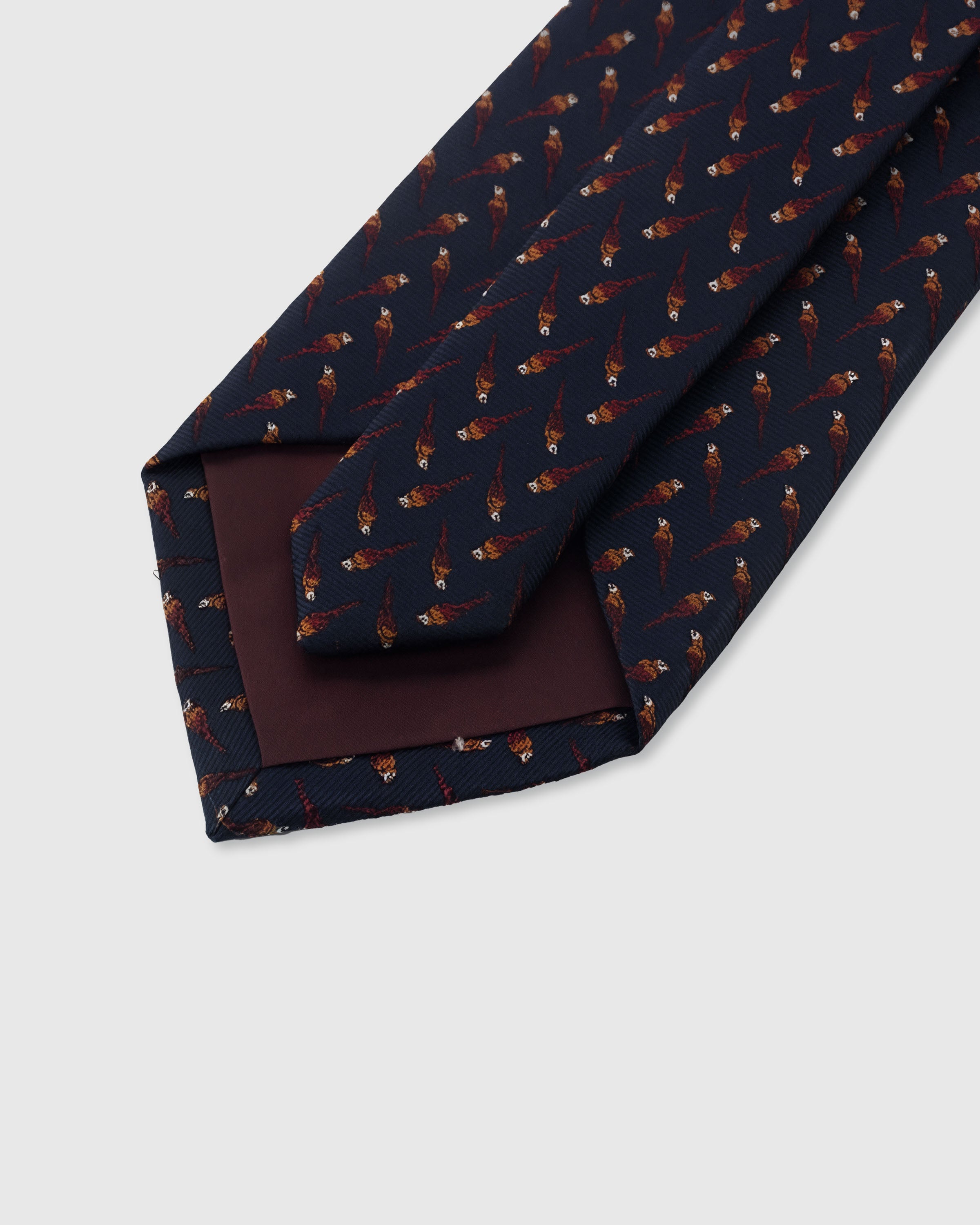 {Hand-finished interior} STICKYZOO MIDNIGHT PHEASANT TIE back detail showing structured interlining and hand-finished slip stitching, 145 x 8 cm