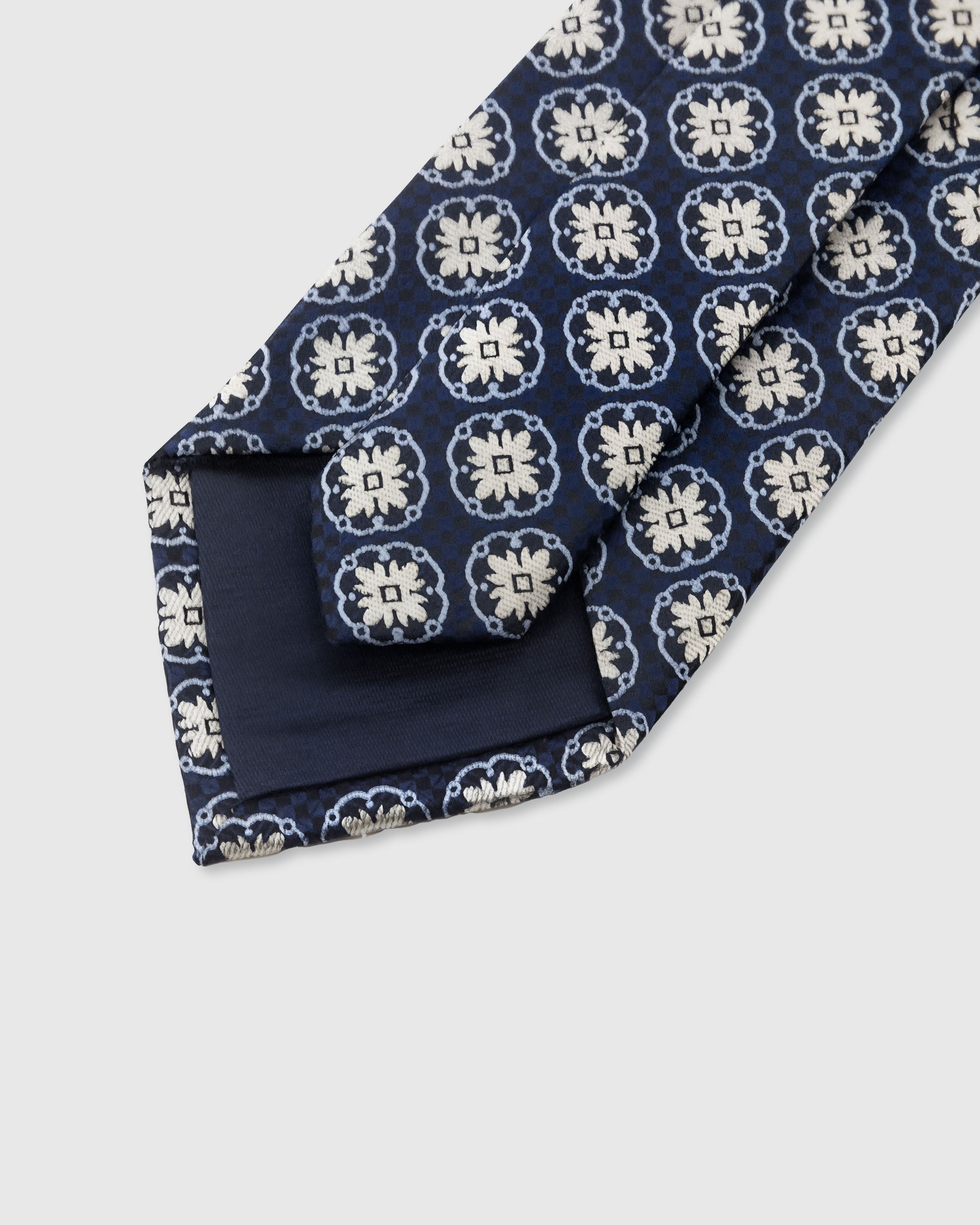 STICKYZOO Navy Medallion Tie — 45° bias-cut Italian method, structured interlining, hand-finished interior