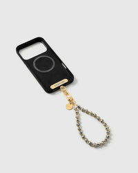 Cream speckled stone bead strap attached to a phone case with the included Phone Strap Card