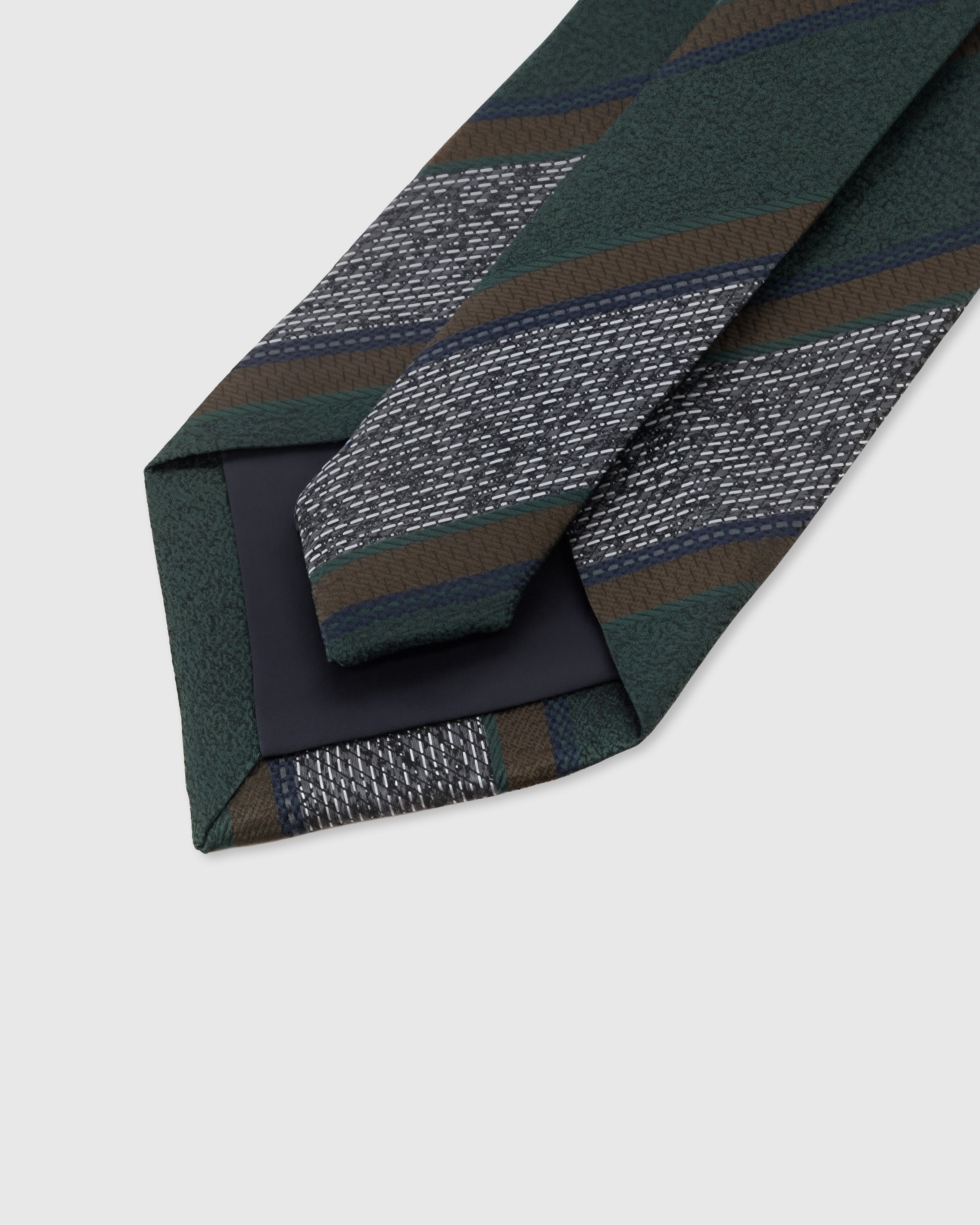 STICKYZOO Evergreen Textured Stripe Tie back detail showing structured interlining and hand-finished slip stitching, 145 x 8 cm