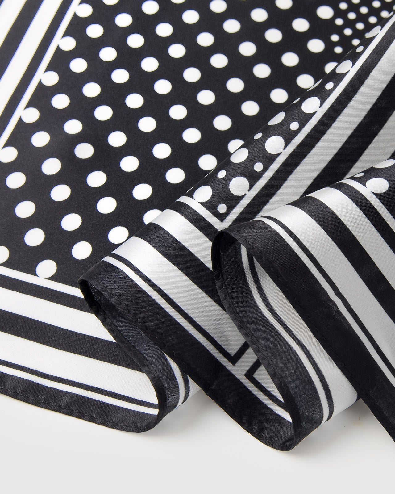 Close-up of the hand-illustrated polka-dot motif and double-stripe border printed in archival ink on pure silk