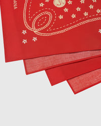 Close-up of the roped cartouche corner printed in archival inks on the crimson silk field