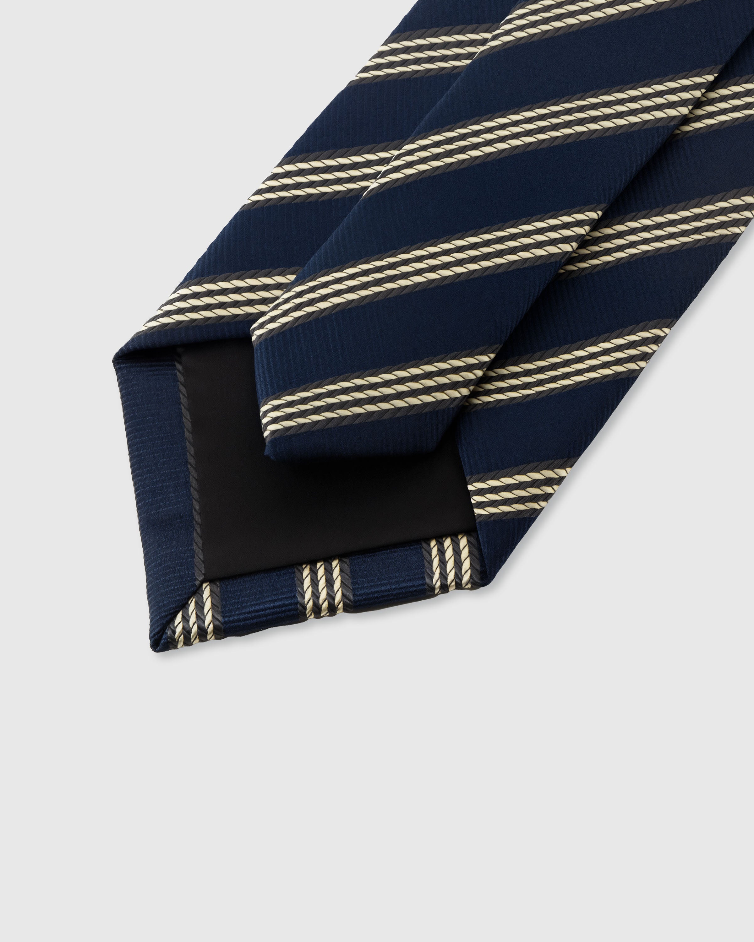 STICKYZOO NAVY TRIPLE STRIPE TIE — 45° bias-cut Italian method, structured interlining, rated 4.9★