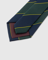 STICKYZOO Forest Block Stripe Tie construction detail showing structured interlining and hand-finished slip stitching, rated 4.9 stars