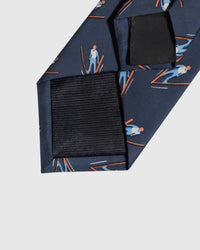 Hand-finished interior Alpine Skier Tie back view showing structured interlining and tipping on navy mulberry silk