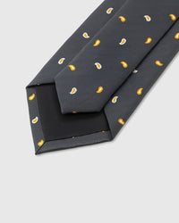 STICKYZOO Slate Paisley Tie interior showing hand-finished slip stitching and structured interlining, 145 × 8 cm