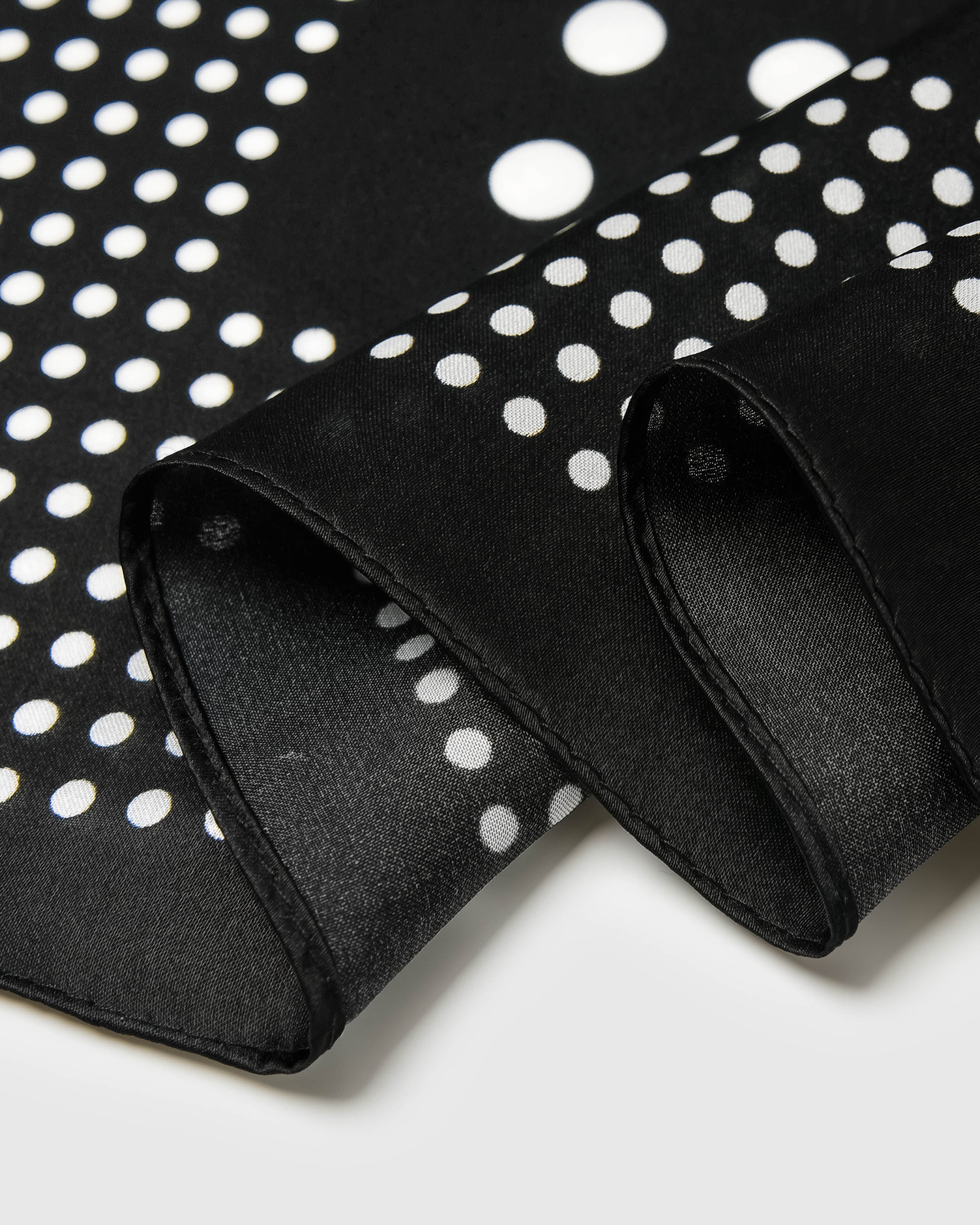 Close-up of the two-scale white polka dot print on black silk showing the archival ink density