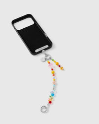 Inside of phone case showing STICKYZOO Phone Strap Card with rainbow strap connected