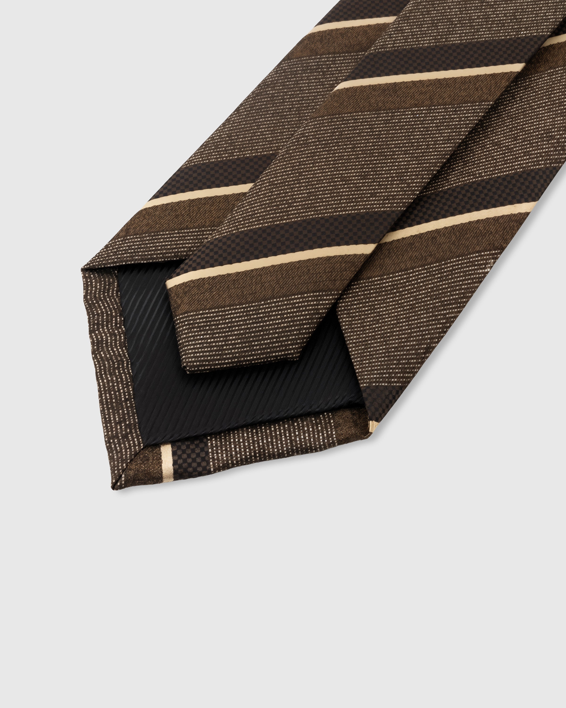 STICKYZOO Espresso Tonal Stripe Tie back detail showing structured interlining and hand-finished slip stitching, 145 × 8 cm