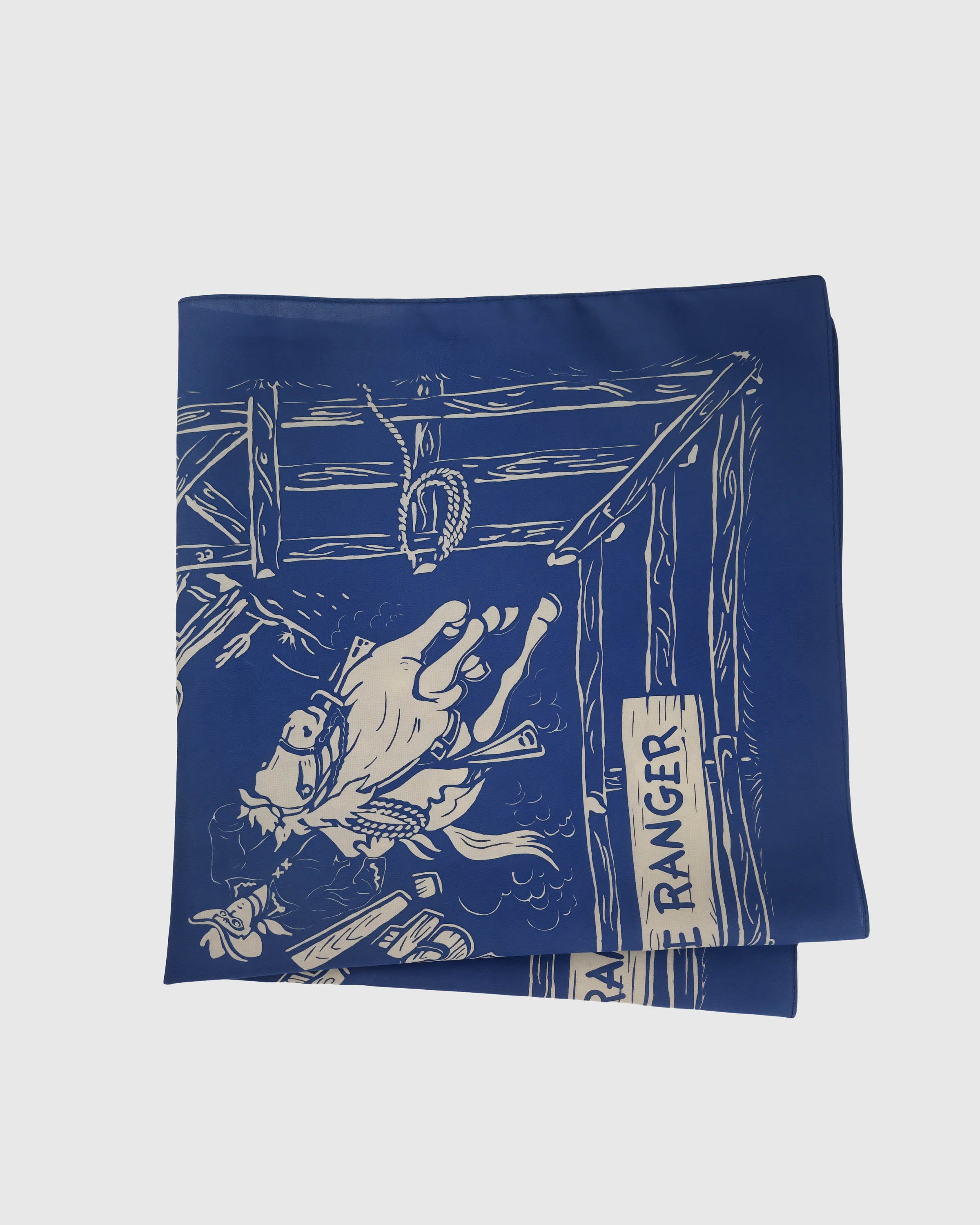 STICKYZOO silver gallop silk scarf close-up showing the hand-illustrated rider and horse mid-gallop
```