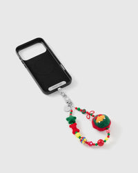 Jingle Wreath phone strap by STICKYZOO on a black case, ready for everyday hands-free carry