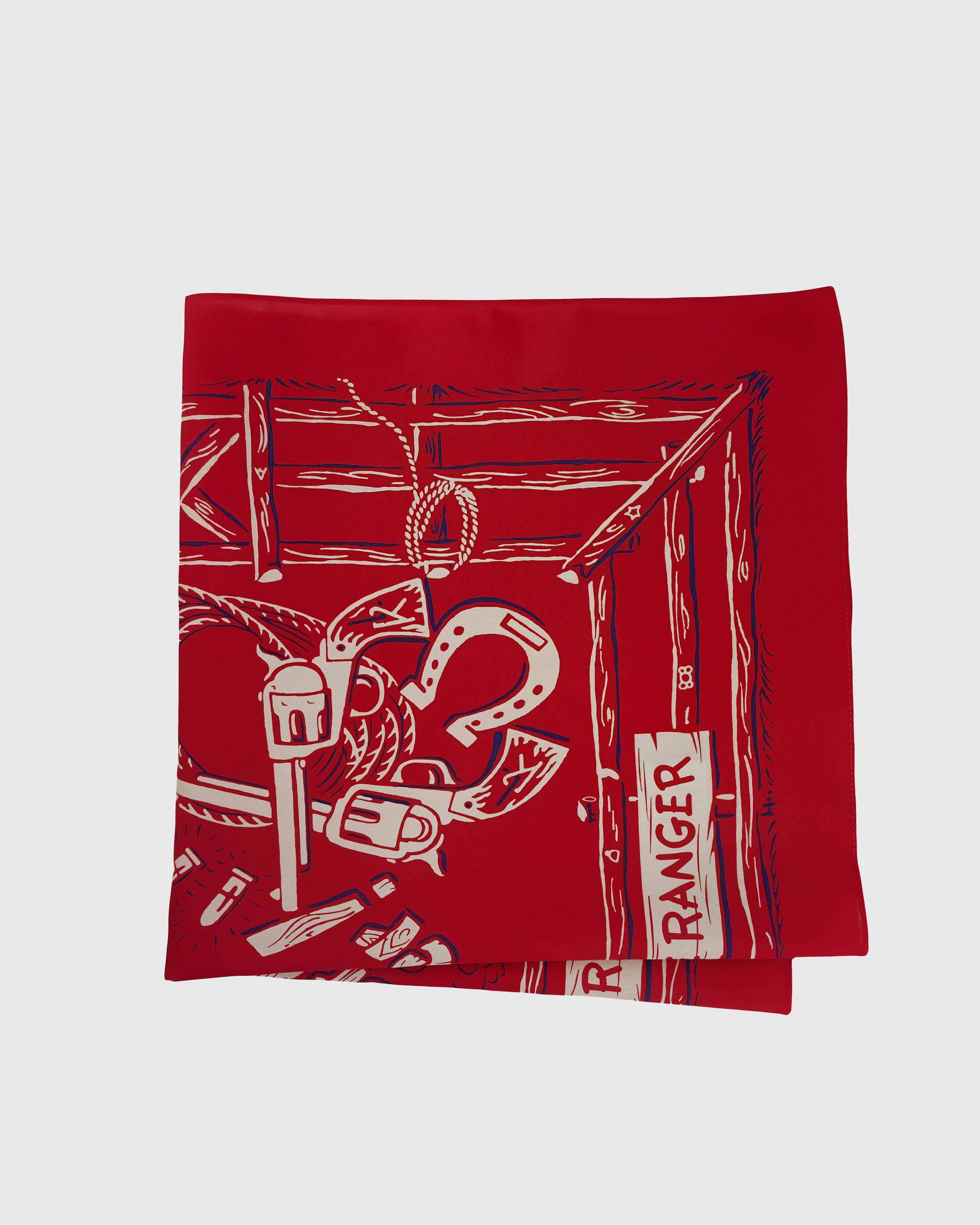 STICKYZOO lone ranger silk scarf close-up showing the hand-illustrated horseshoe, lasso and six-shooter
```