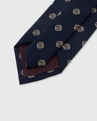 {Hand-finished interior} STICKYZOO MIDNIGHT ROSETTE TIE back detail showing structured interlining and hand-finished slip stitching, 145 x 8 cm
