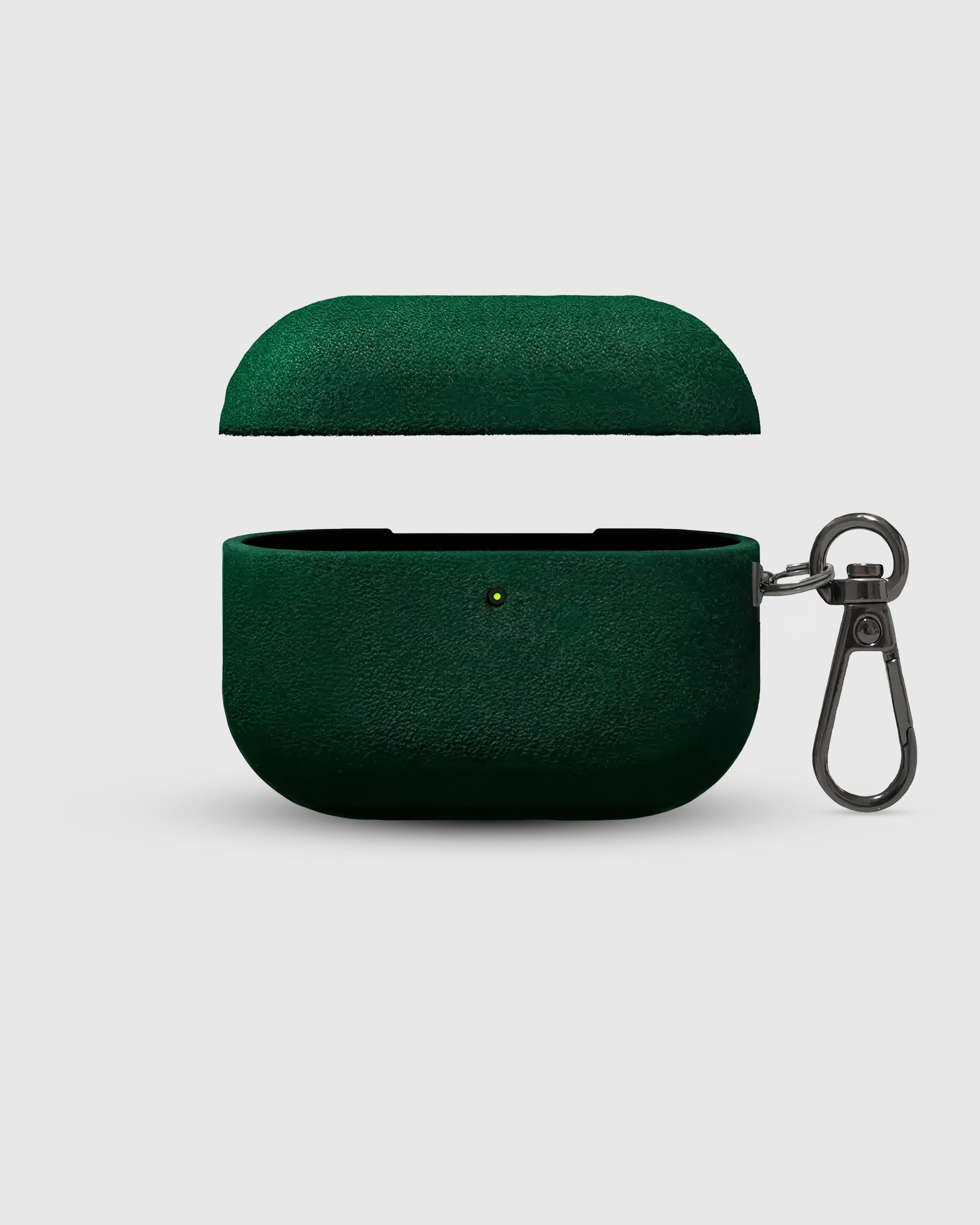 STICKYZOO forest green Alcantara case open showing TPU base and microfiber suede interior