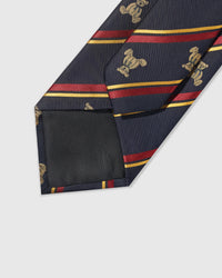 Hand-finished interior Regiment Teddy Tie back view showing structured interlining on navy silk with regimental stripes