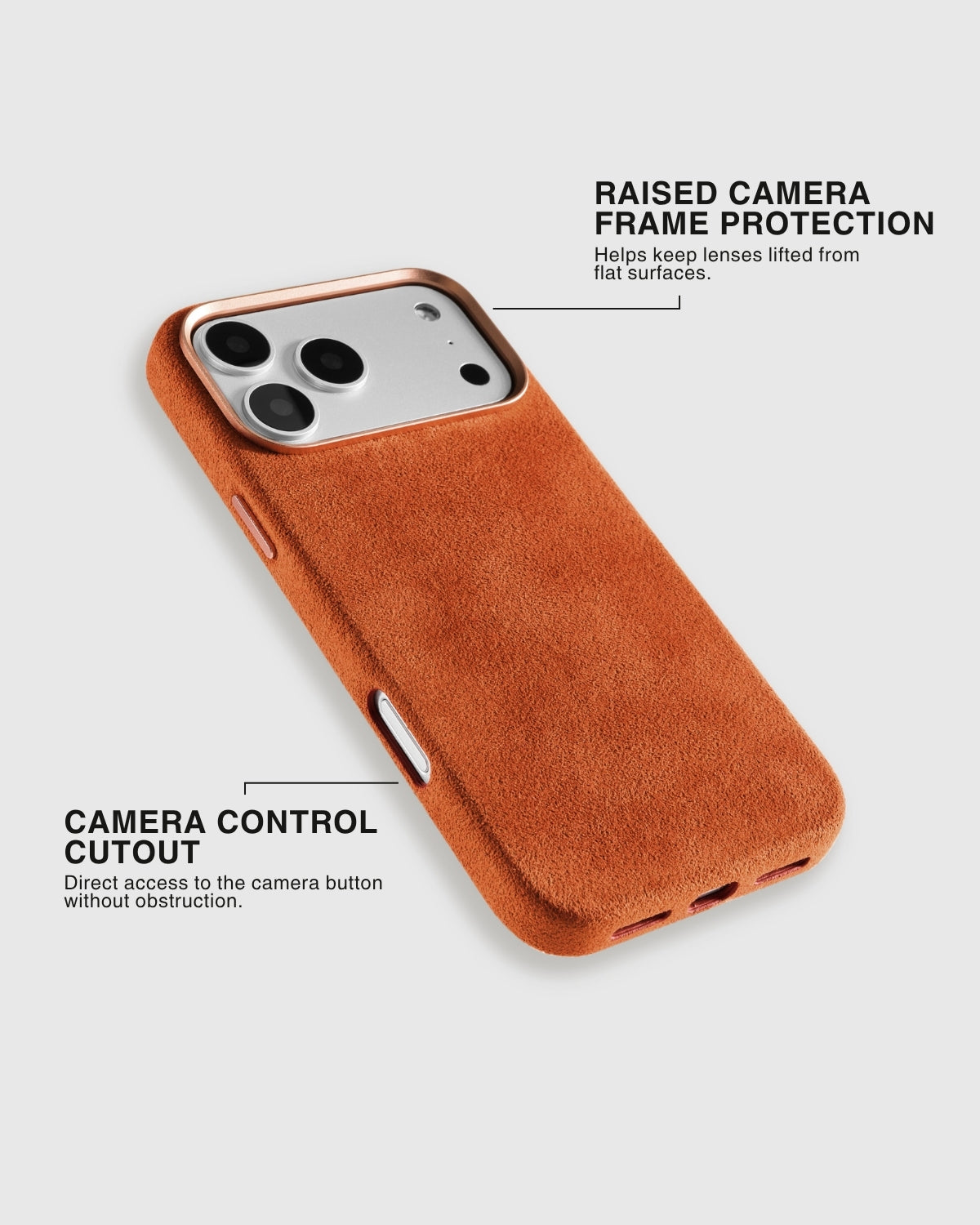 Ember Alcantara phone case with raised camera edge and camera control cutout by STICKYZOO