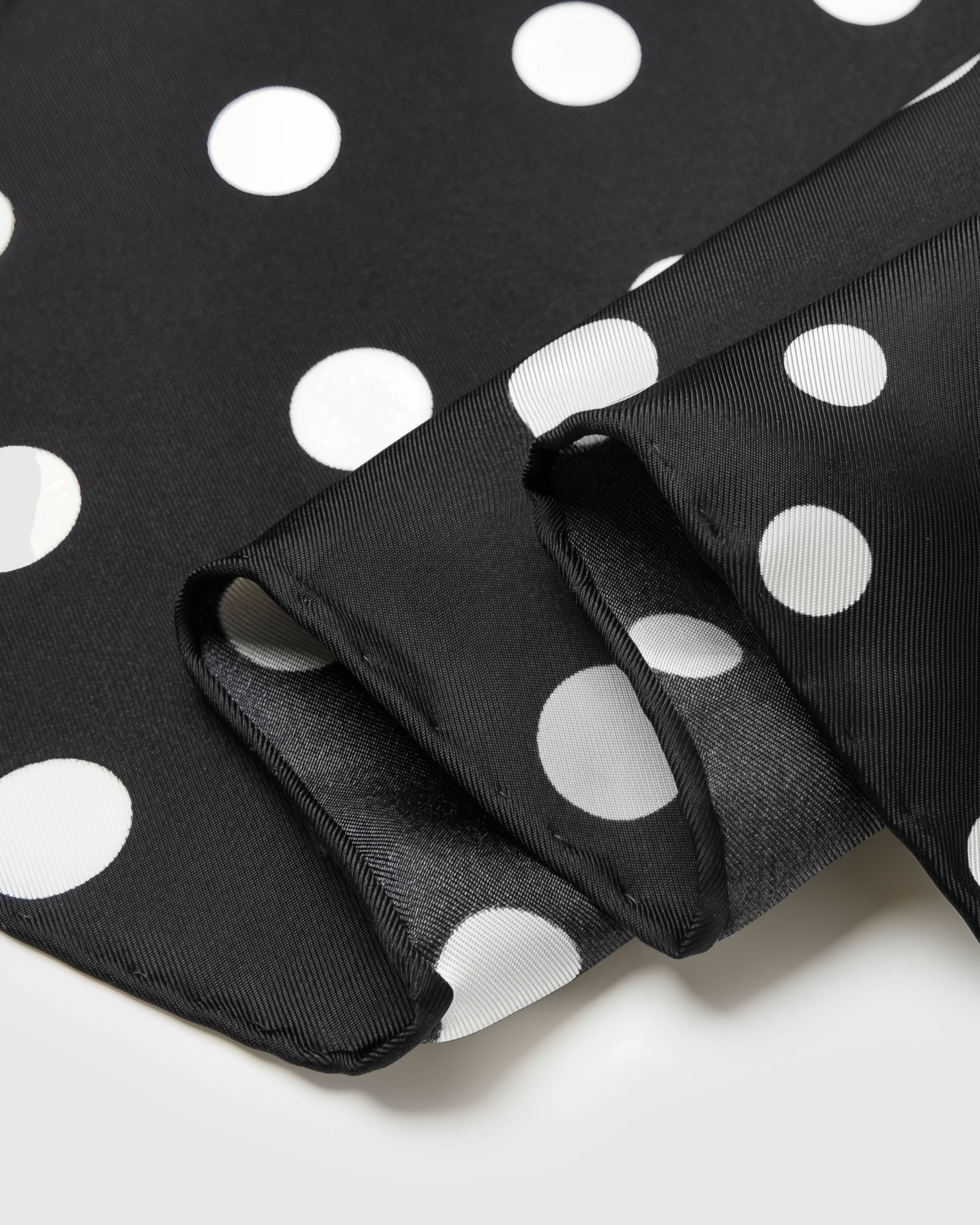 Close-up of the polka motif printed in archival ink showing two different dot scales meeting on pure silk