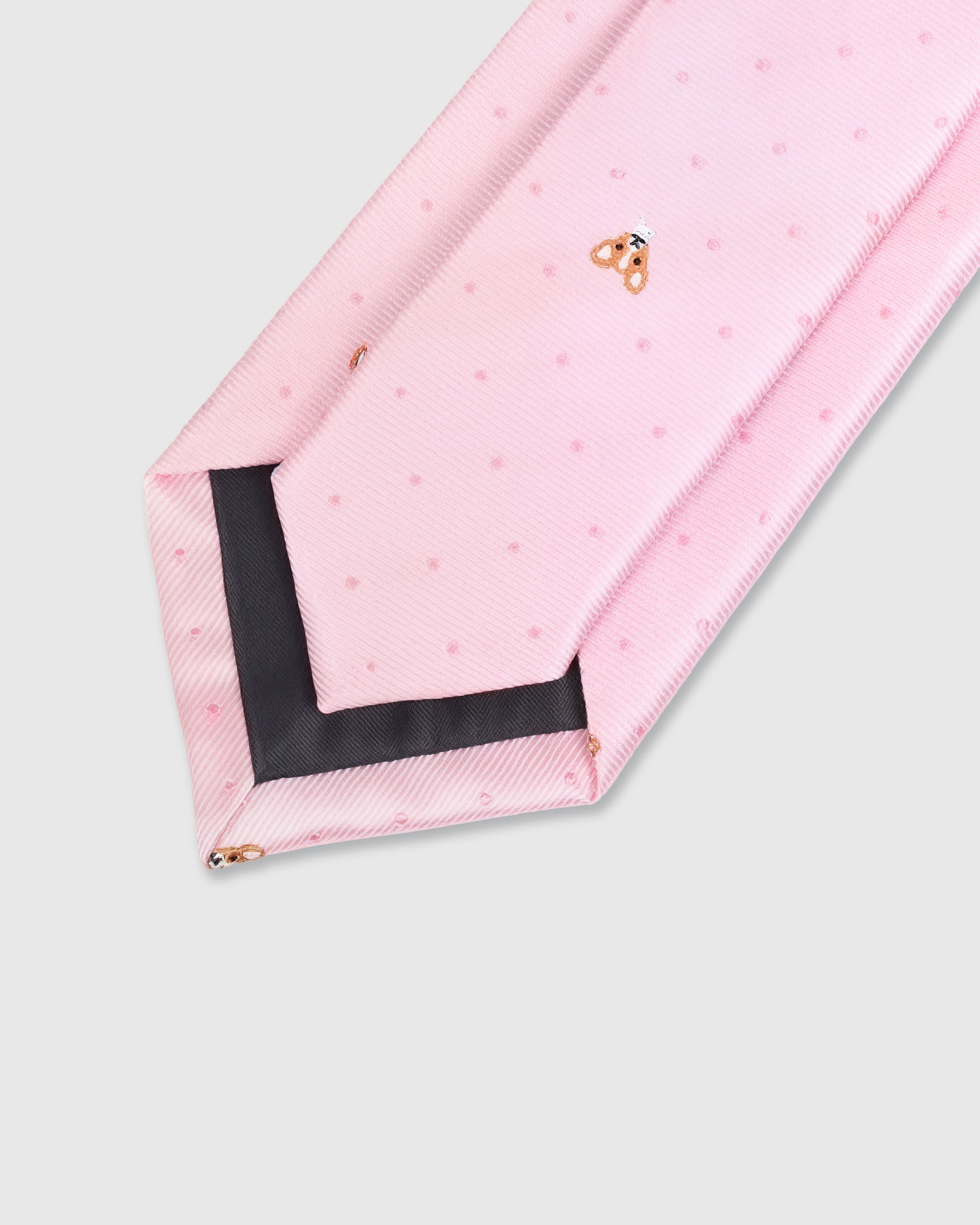{Hand-finished interior} STICKYZOO ROSEBUD CORGI TIE back detail showing structured interlining and hand-finished slip stitching, 145 x 8 cm