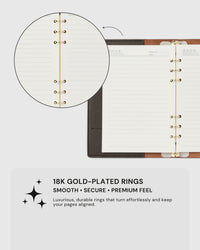 18K gold-plated ring mechanism detail on STICKYZOO dark brown genuine goatskin leather notebook, smooth and secure page alignment