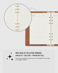 18K gold-plated ring mechanism detail on STICKYZOO camel genuine goatskin leather notebook, smooth and secure page alignment