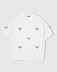 Front flat-lay of STICKYZOO Khaki Teddy Check-Ear T-Shirt in white with plush bears