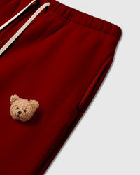Second bear face applique detail on STICKYZOO Sticky Bear Sweatpant in red