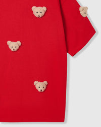 Detail of sleeve and body on STICKYZOO red Bear T-Shirt showing plush bear faces at different angles
