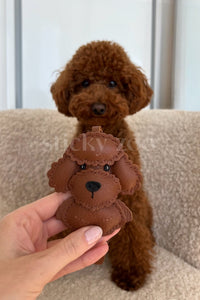 Handmade Poodle leather bag charm with engraved 18K gold-plated cube hardware — French Alran goatskin, 3-day artisan build.