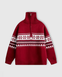 STICKYZOO Holiday Sweater in red with white and green Fair Isle snowflake jacquard pattern and quarter-zip mock neck