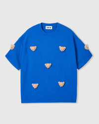 STICKYZOO Bear T-Shirt in blue with seven hand-stitched 3D plush teddy bear face appliques