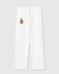 STICKYZOO Gingerbread Joy Sweatpant in white colorway with hand-stitched plush gingerbread man