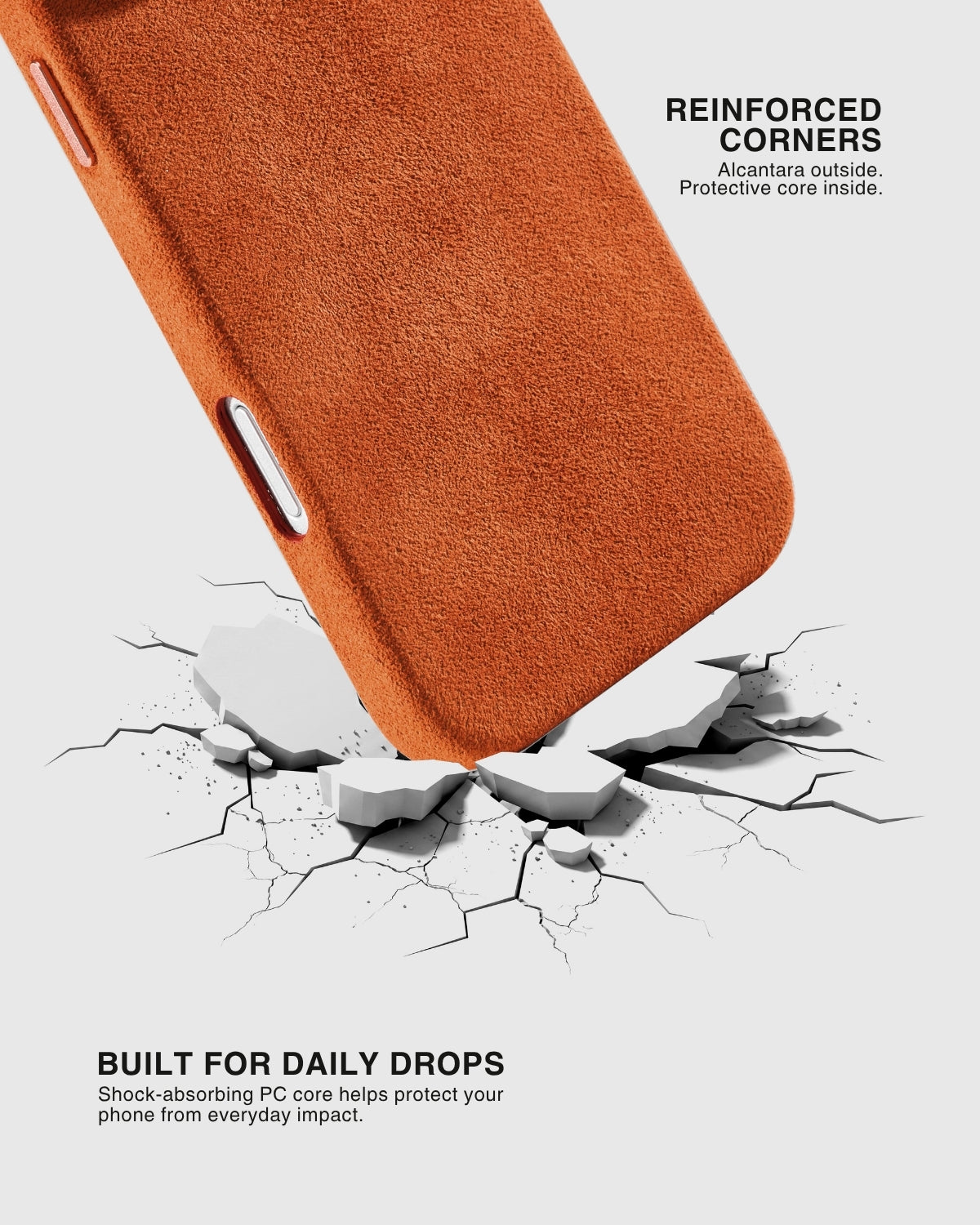 Reinforced corners with shock-absorbing PC core on STICKYZOO Ember Alcantara phone case