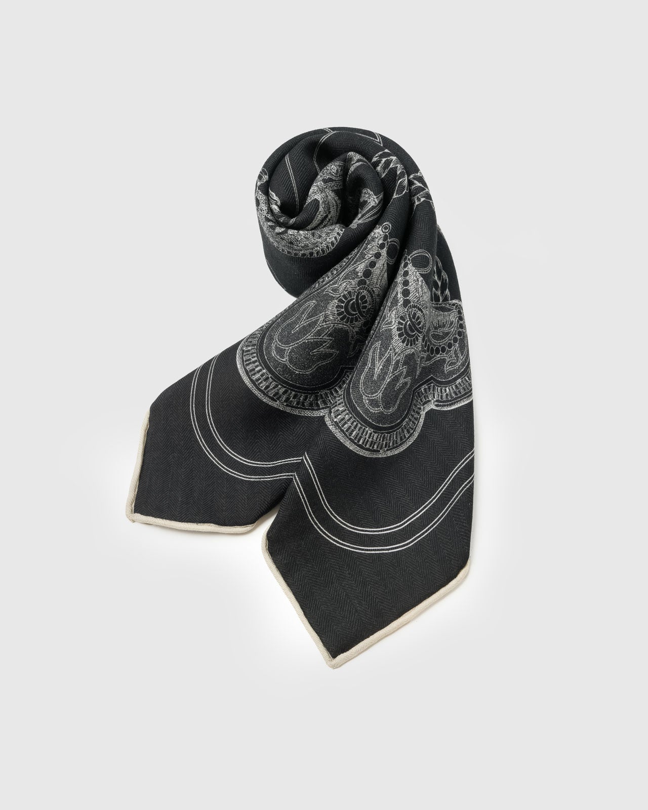 Noir engraving silk scarf with caparisoned horse at center, four saddle cartouches, and attendant horses on black
```