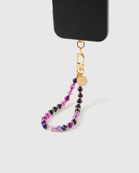 STICKYZOO Midnight Aura phone strap attached to black phone case showing deep purple stone beads