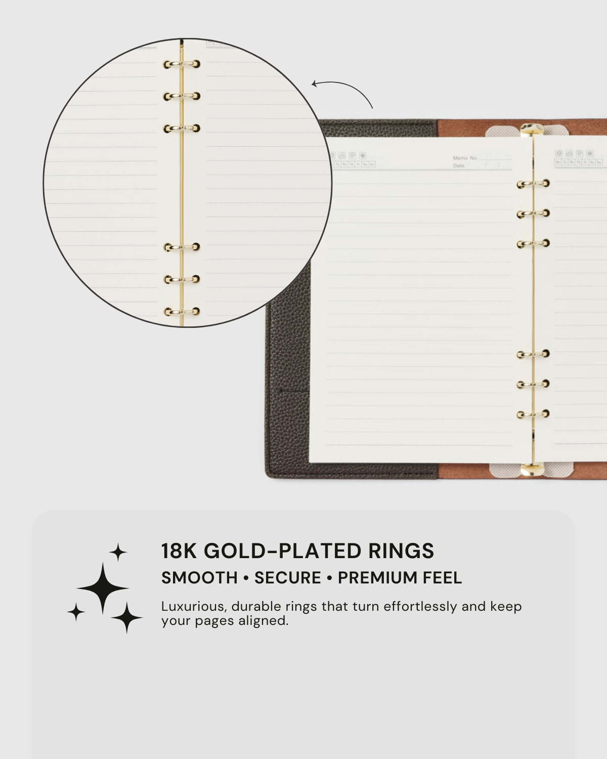 18K gold-plated ring mechanism detail on STICKYZOO genuine goatskin leather notebook, smooth and secure page alignment
