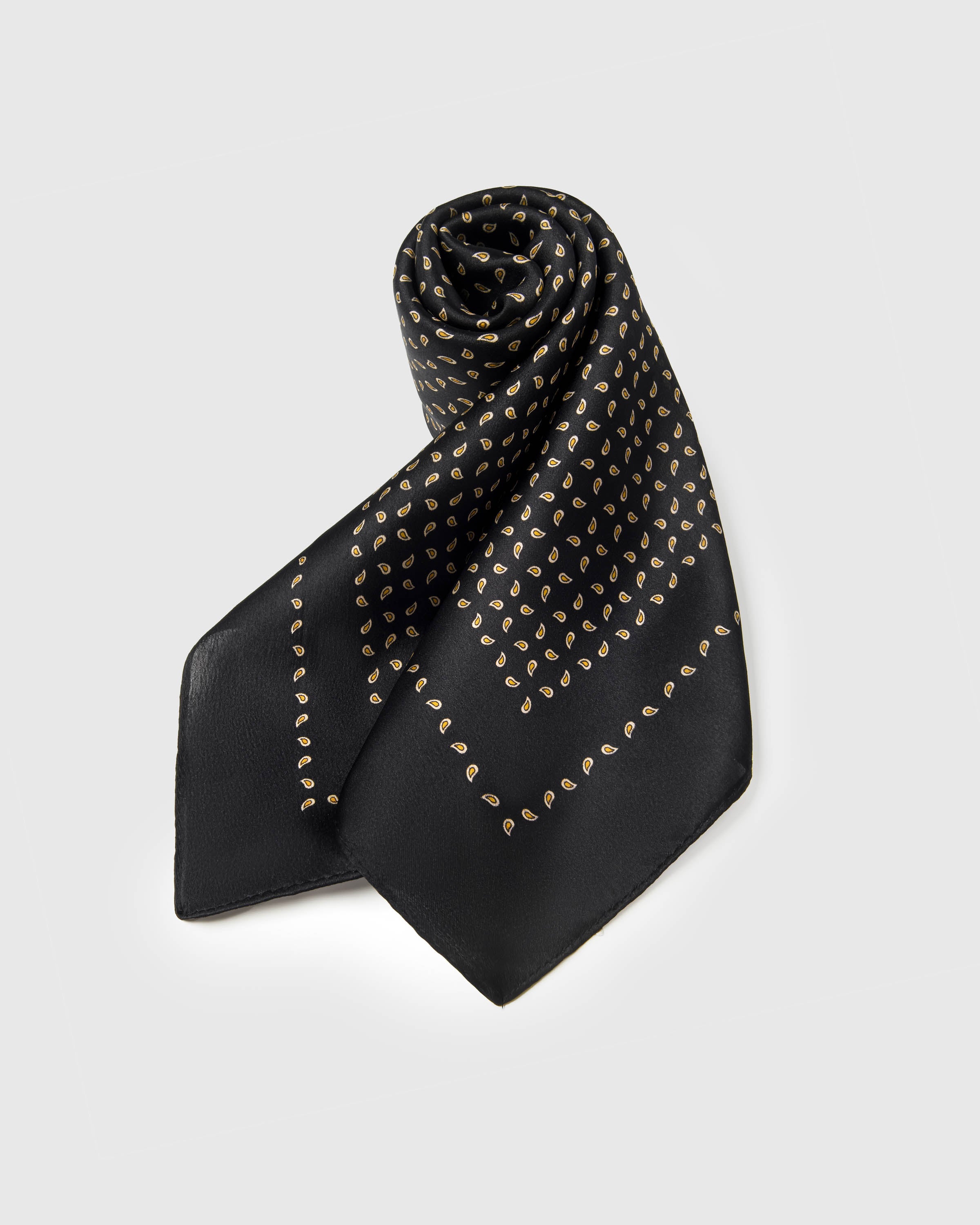 Rolled silk scarf showing the black paisley-seed field meeting the thin gold border line
```