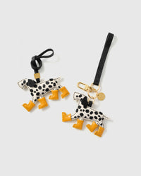 Handmade Dalmatian Rain Boots leather bag charm shown on a handbag — full-body silhouette in French Alran goatskin, 5-day artisan build. STICKYZOO.