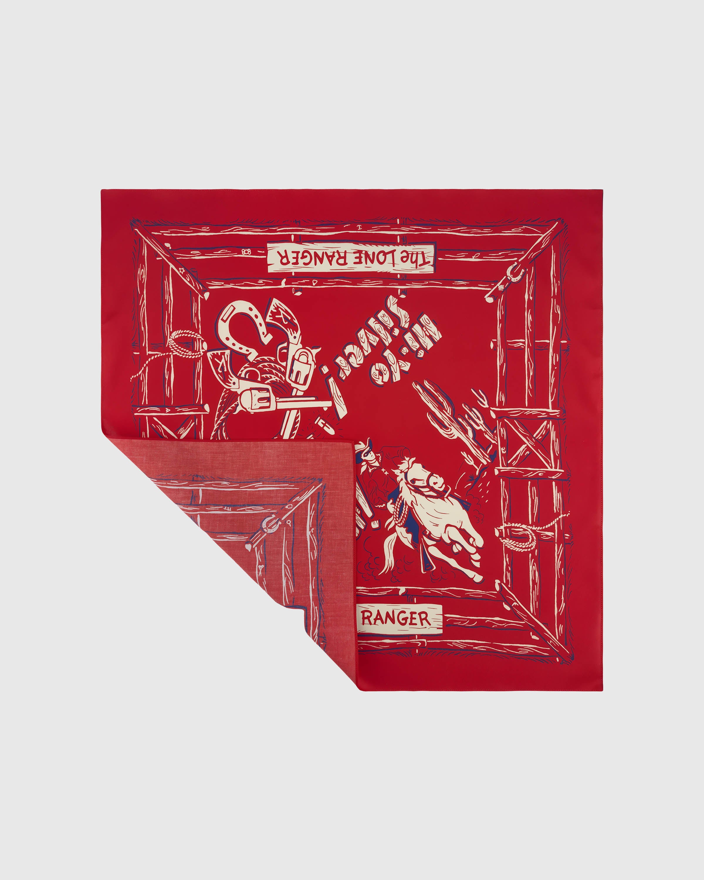 Red silk cowboy scarf opened to show the rearing horse and corral border print