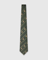 Raised thread, not print Heritage Teddy Stripe Tie knot close-up showing embroidered teddy bear and stripe detail on olive silk