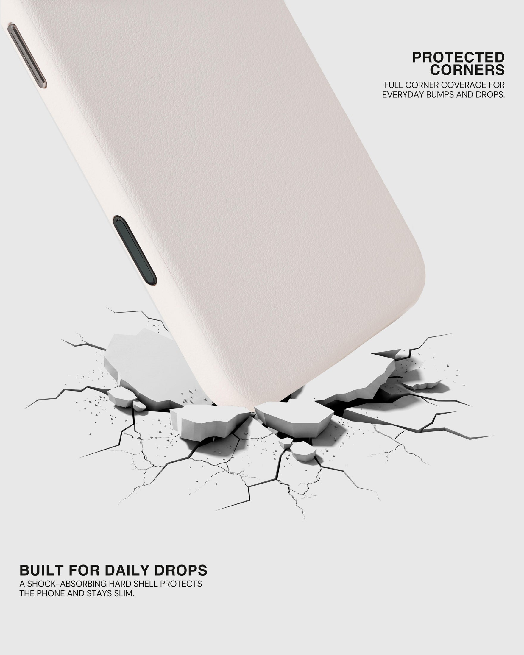 Shock-absorbing hard shell and protected corners on the white leather case, built for daily drops