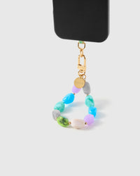 Pastel marble bead phone strap clipped to a black phone case for hands-free carry