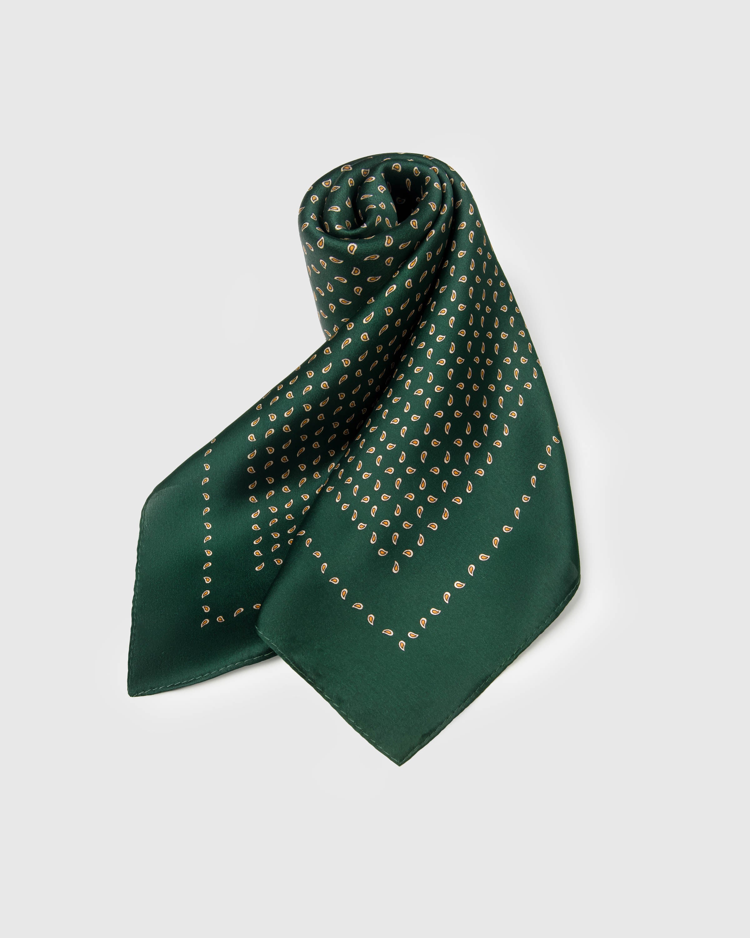 STICKYZOO emerald silk scarf rolled to show the soft drape and the dotted paisley border
```