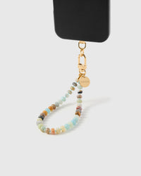 Aqua agate orbit phone strap hanging from black phone case showing wrist carry functionality