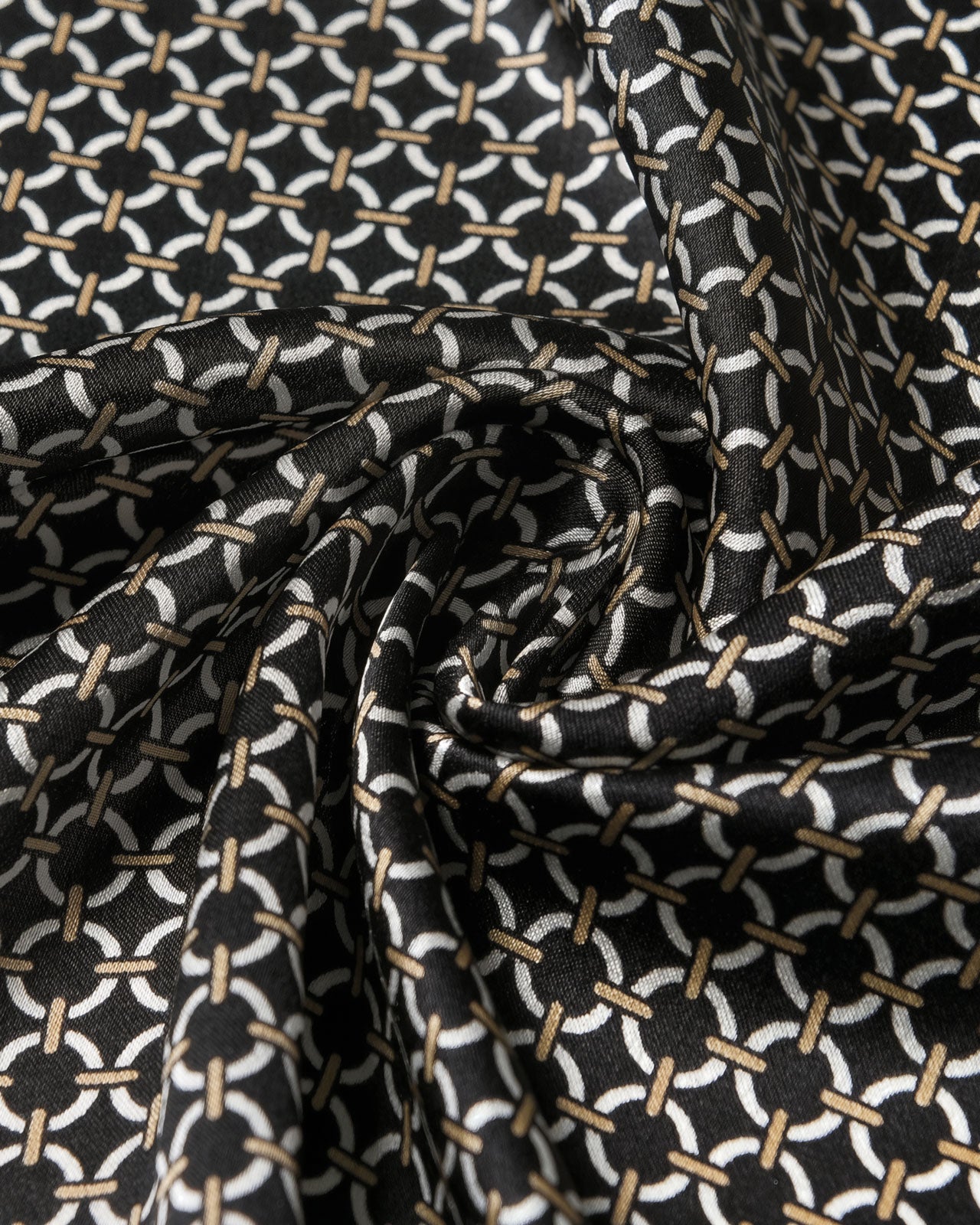 Chain link grid silk scarf with ivory chain motif, brass connectors, and black border on pure silk
```