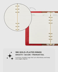 18K gold-plated ring mechanism detail on STICKYZOO red genuine goatskin leather notebook, smooth and secure page alignment