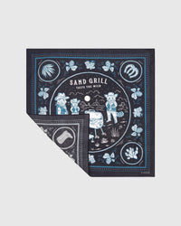 Folded campfire critters silk scarf showing the printed central scene and the soft silk reverse