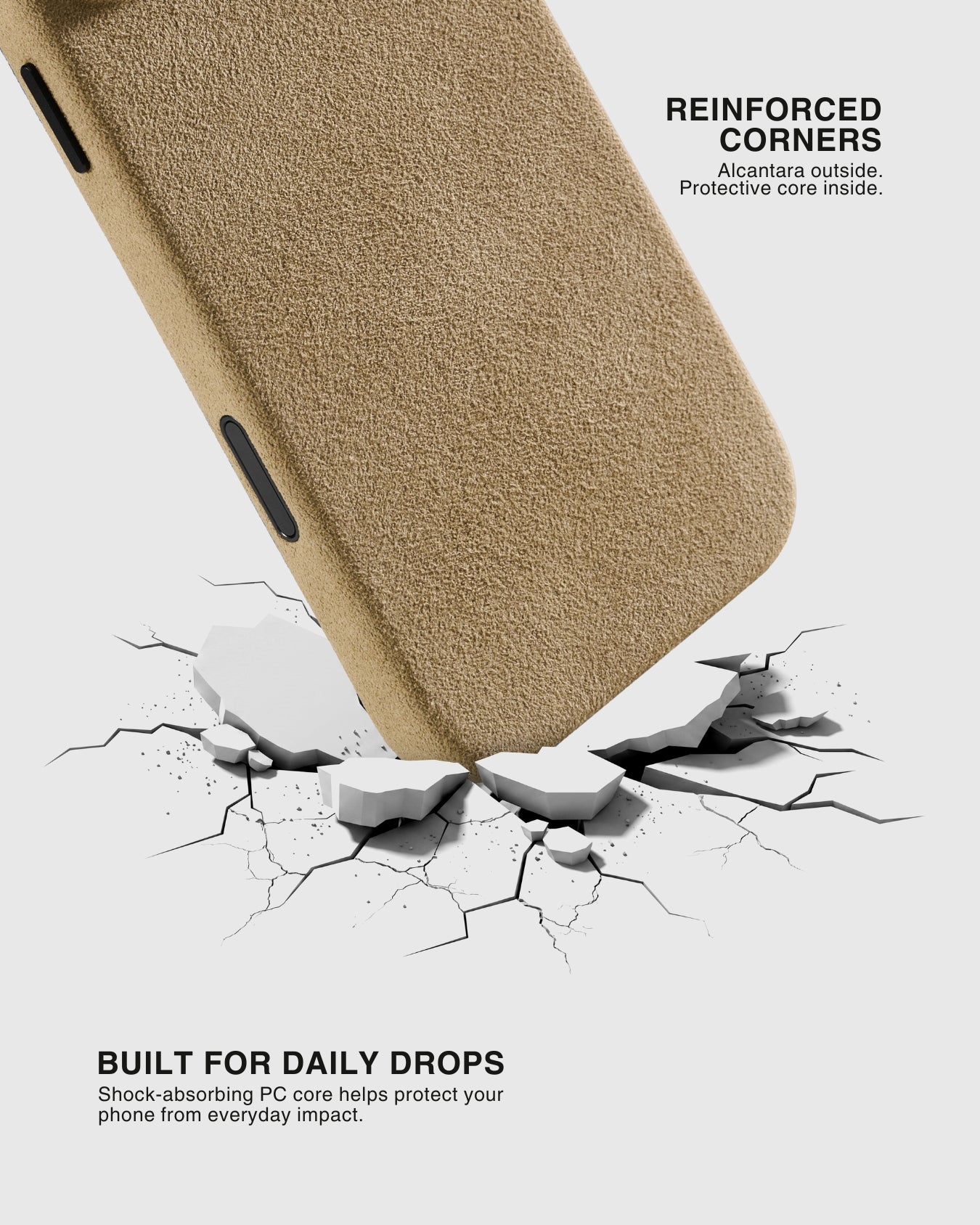 STICKYZOO camel Alcantara phone case dropping onto cracking surface demonstrating reinforced corner shock absorption
